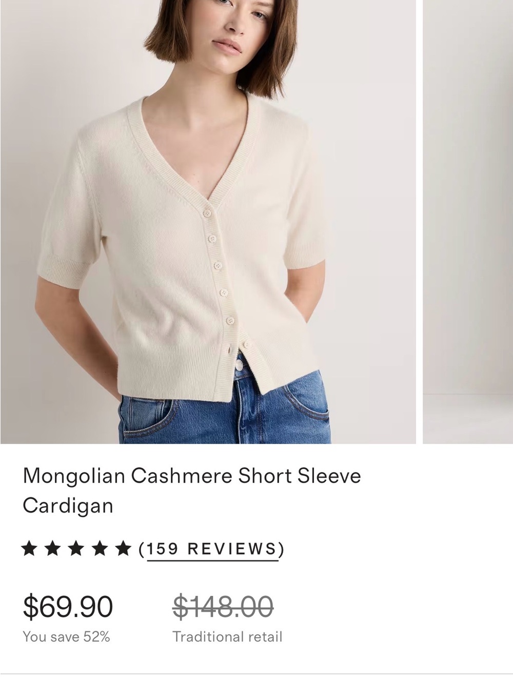 Quince Cream 100% Cashmere short sleeve cardigan - Picture 8 of 12